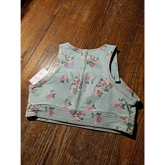 New Small Wild Fable Denim Jean Sleeveless Side Zip Suspender Button Crop Top - Picture 3 of 3